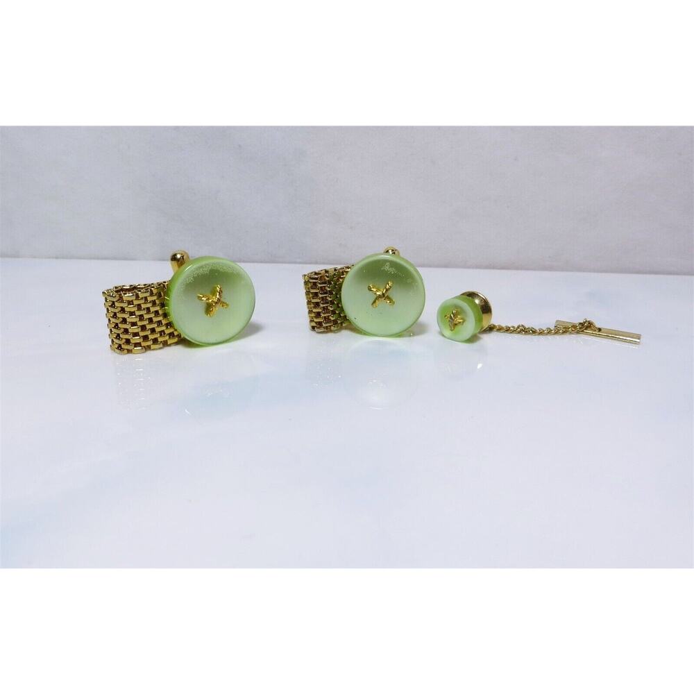 Vintage Estate Yellow Gold Plated & Light Green Enamel 3 Piece Set